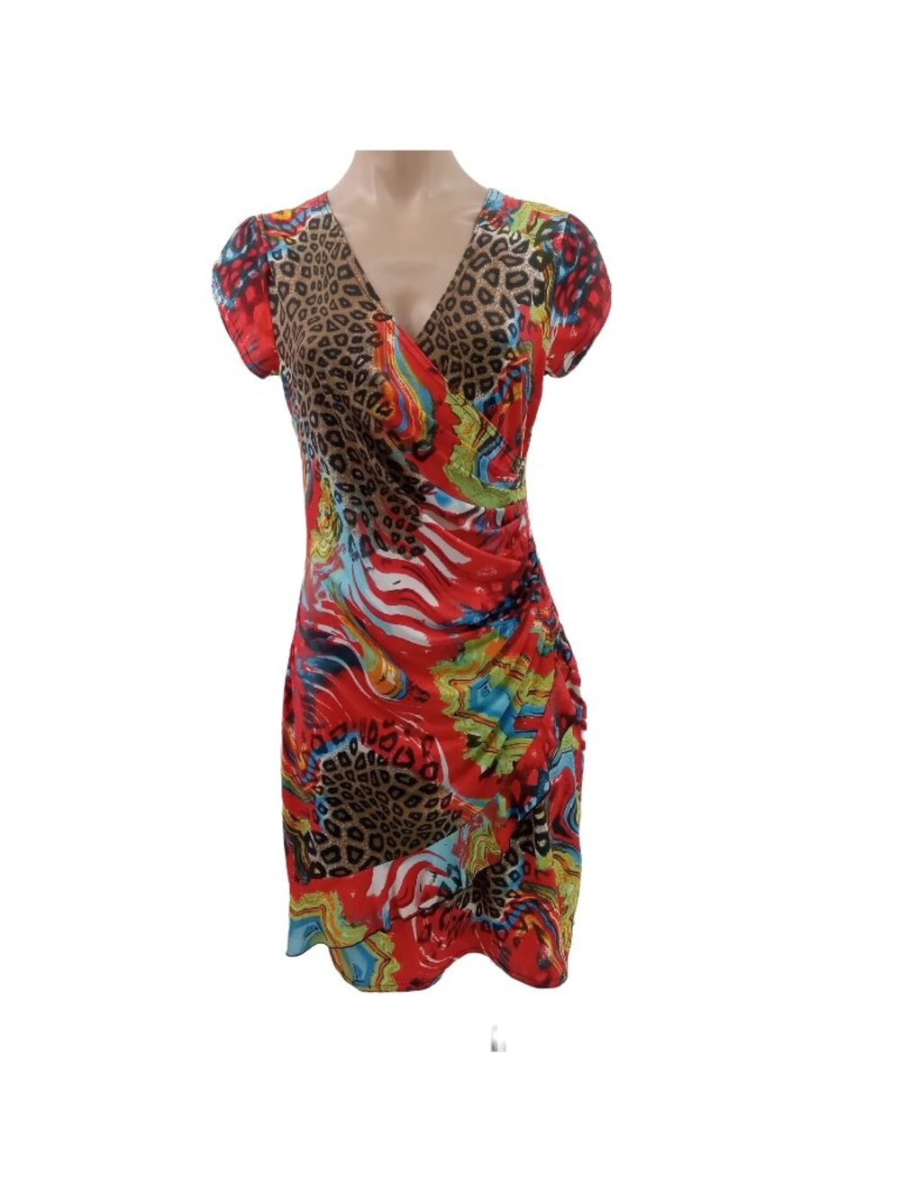 Vtg Y2K Tricotto Womens Multi Color Dress Size S Faux Wrap Ruffle Knit Bodycon